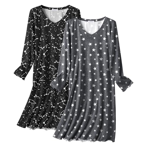 Ekouaer Cotton Nightgowns for Women 2 Pack Night Gown Long Sleeve Sleepshirts V Neck Night Shirt Soft Sleepwear