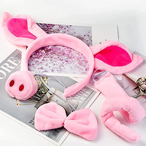 baotongle Schwein Kostüm Set Ohren Schwanz und Fliege Set, Rosa Tier Schwein Schweineohr Stirnband, Faux Schweineschnauze, Schwein zusammengerollter Schwanz, Fliege Halloween Cosplay Party Dekoration