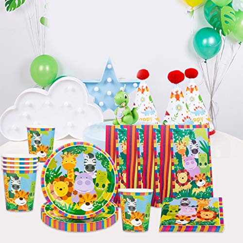 DreamJing 68 delen dieren kartonnen servies feestdecoratie voor 16 kinderen, jungle verjaardag servies kit bos… - Image 4