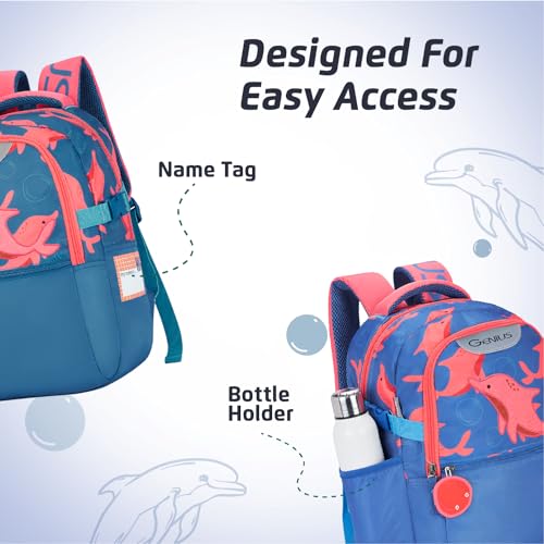 Image of Safari Genius Dolphin 23L Kids Printed Backpack, 2 Compartments, Bottle Holder, Front Pocket, School Bag for Boys and Girls, Bag for Kids, Hidden Pocket
