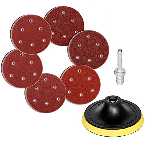 Hifrom 5-Inch/125Mm Hook And Loop Backing Pad M14 Drill Adapter, 5 Inch 6 Holes 40 60 80 120 180 240 Grit Sandpaper Replacement For Random Orbital Sander Grinder Pads cover