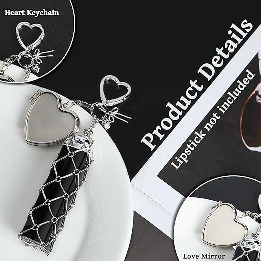 Image of Lipstick Holder Keychain,with Mirror Set with Heart Shape Clasp and Metal Mesh Pouch for Bag Charm Decoration, Portable Cosmetic Case for Women and Girls
