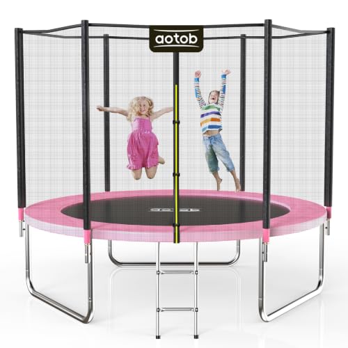 AOTOB 8 FT Trampoline Safety Enclosure Net Combo Bounce Jump for Kids Outdoor with Spring Pad Waterproof Jump Mat & Ladder (Pink)