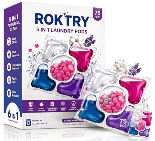 Image of ROKTRY Pack of 75 5-in-1 Laundry Pods Dissolvable Magic Liquid Detergent Combo Tough on Stains, Fabric & Color Care Fighter for Top & Front Load Washing Machines | Floral And Fresh Fragrance