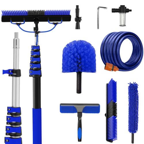 Image of 30FT Reach Solar Panel Cleaning Brush Kit with 5-24FT Telescoping Pole, 40FT Hose, 20 inch Water Fed Brush, Soap Dispenser, Cobweb Duster, Squeegee & High Ceiling Duster