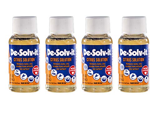 De-Solv-It Adhesive Remover 1 Ounce Bottles 4 Packs Citrus Solution (4) Home / Travel kit Size De-Solv-It Citrus Solution is excellent for removing crayon, stickers, cosmetics, oil-based paint, tar, tree sap, chewing gum, candle wax, grease and much