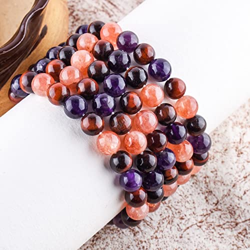 Triple Crystal Healing Bracelet - Sunstone - Red Tiger's Eye - Amethyst Handmade Bracelet Stretchable Genuine Round Beaded 10Mm Unisex Jewelry Chakra Stones - Yoga - Energy - Spiritual #TOP4