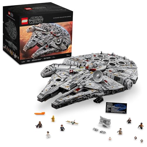 LEGO Star Wars Ultimate Collector Series Millennium Falcon 75192 finished display piece on a coffee table — the 33-inch long iconic Star Wars freighter ship in detailed grey-and-white panel work, the central radar dish prominent on the upper hull, the dual quad-laser cannon turrets on the upper and lower hull faces, the boarding ramp extended at the side, the cockpit pod cantilevered off the front-right side showing the cockpit windows — the most-photographed LEGO set in the world and the largest LEGO Star Wars set ever released at 7,541 pieces