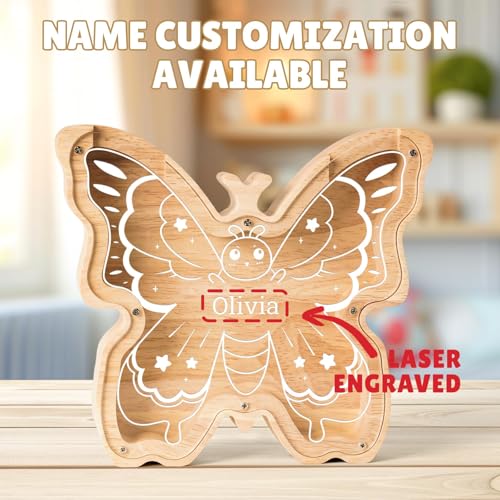 Image of Wooden Butterfly Piggy Banks Coin Bank for Kids | Custom Gifts for Kids Easter Birthday Decor, Wooden Cashbox Money Jar Educational Toy for Boys Girls