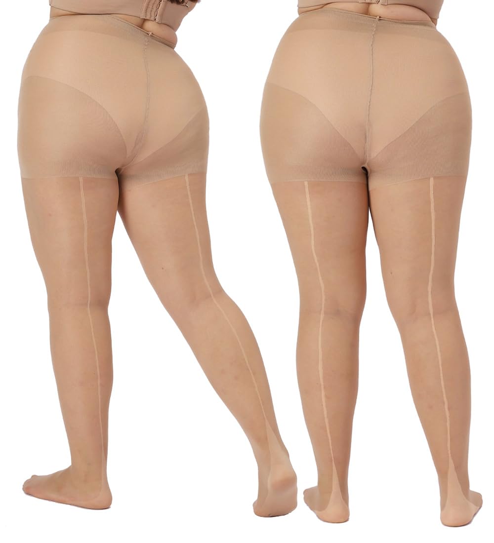 MERYLURE2 Pairs Women's Plus Size Backseam 20D Sheer Tights, Control Top Pantyhose with Reinforced Toes