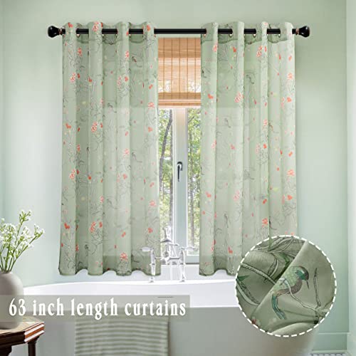 Xtmyi Light Green Curtains 63 Inch Length For Bedroom 2 Panels Cute Birds Floral Pattern Rustic Cottage Core Cottagecore Sheer Decorative Curtains For Kitchen Dining Room Bathroom Window,Sage Color #TOP5