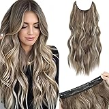 Halo Hair Extensions 20 Inch Invisible Wire Secret Hairpieces with Adjustable Size Transparent Headband 4 Secure Clips Long Curly Wavy Hair Extensions(20 Inch, Natural Brown with Ash Highlights)