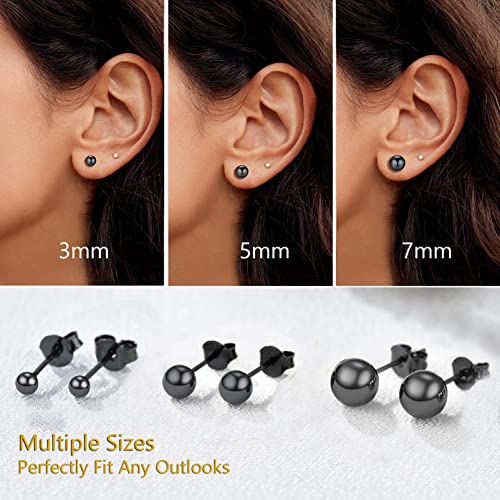 Womens Black Ball Earrings 7Mm Big Studs 925 Sterling Silver Second Hole Piercing Earrings For Sensitive Ears Hypoallergenic #TOP2