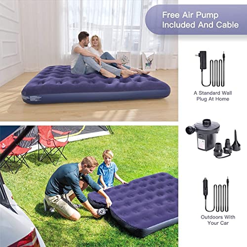 Giftway Camping Air Mattress Queen With Electric Air Pump - Puncture Resistant Airbed With Waterproof Flocked Top - Inflatable Bed Blow Up Mattress With Patch Kit - Inflatable Mattress For Home/Travel #TOP1