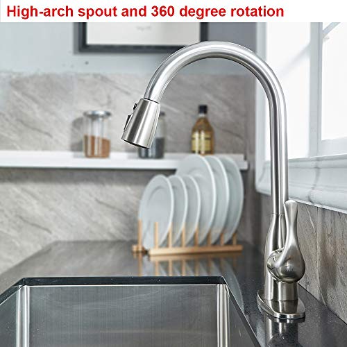 VALISY Lead-Free Modern Stainless Steel Brushed Nickel Pull Down Kitchen Sink Faucet, Single Handle 1 or 3 Hole High Arc Kitchen Faucets with Pulldown Sprayer & Deck Plate - Thumbnail 3