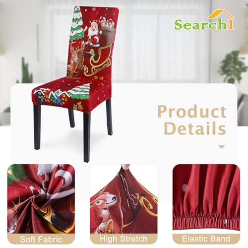 Image of SearchI Christmas Chair Covers Set of 4, Stretch Xmas Kitchen Chair Cover Removable Washable Holiday Parsons Chair Slipcovers for Dining Room, Christmas Decoration, Ceremony(Santa Claus+Elk)