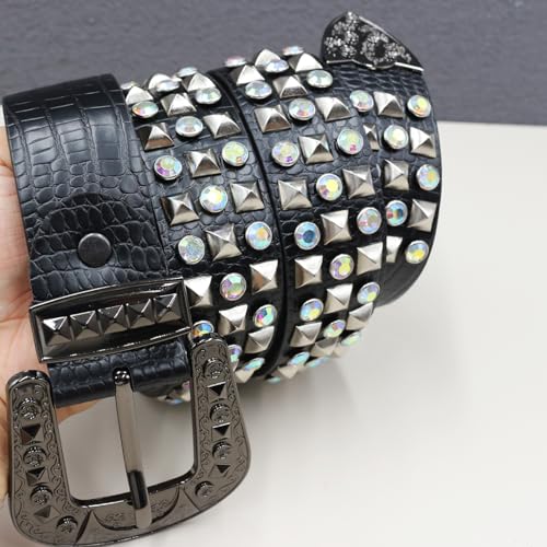 Crocodile Pattern Embossed Studded Belt,Shiny Rhinestone Four-Jaw Square Rivets Western Waist Strap for Women Men2