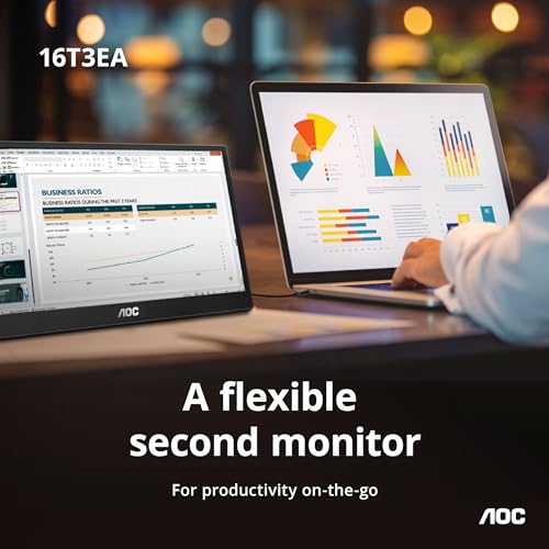 Image of AOC 16T3EA 16'' Class USB-C Ultra-Slim Portable Monitor with IPS Panel, Full HD 1920x1080 Resolution, Built-in kickstands for Portrait /Landscape View, PC /MacBook, VESA Mount, Carrying Bag Included