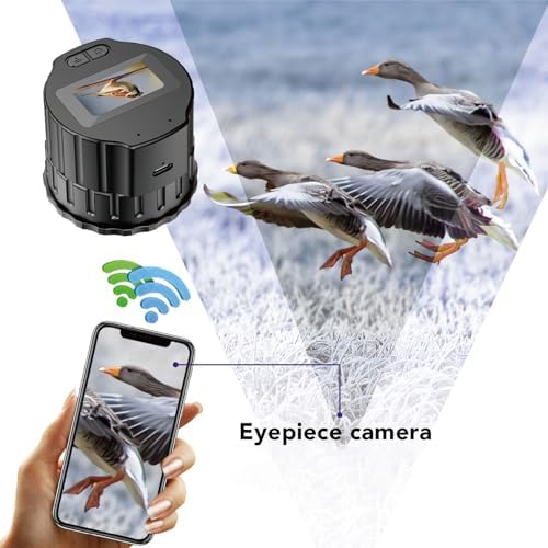 The electronic eyepiece camera wirelessly connected to a smartphone, displaying a live view of a bird. Wi-Fi symbols indicate the connection.