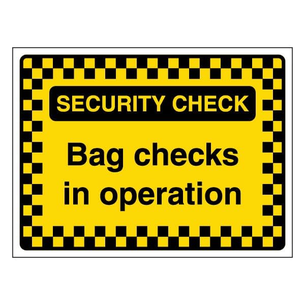 V Safety Security Check - Bag Checks In Operation - Pattern Border 400 x 300 mm - Glow In The Dark 1mm Rigid Plastic Safety Sign
