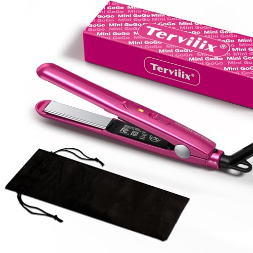 Terviiix Mini Flat Iron for Travel, 1/2'' Small Hair Straightener for Short Hair/Bangs, 0.5'' Portable Ceramic Straightening Irons, Dual Voltage, Pouch Included, Compact Size, Pink