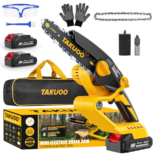 6 Inch Mini Chainsaw Cordless, Electric Chain Saw, Handheld Mini Chainsaw, Battery Powered Cordless Saw, Pruning Saw Branch Cutter, with 2 Batteries Automatic Chain Adjustment Knob Yellow