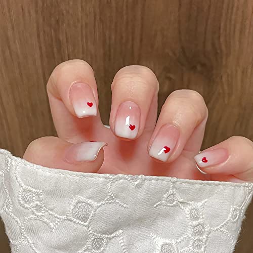 Valentine's Day Square Press on Nails Short Acrylic Fake Nails Red Small Heart Gradient False Nails with Designs Cute Artificial Full Cover Glue on Nails Stick on for Women Girls Nail Art（White Pink）