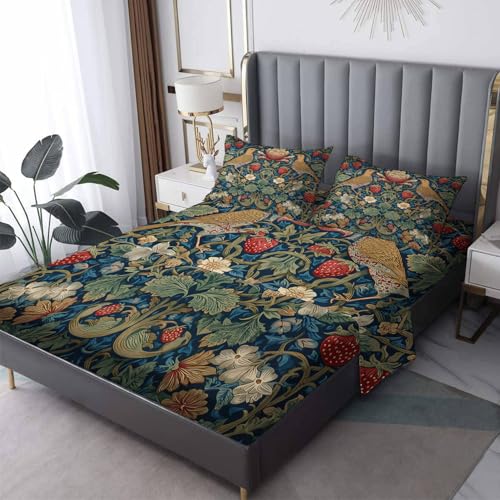 Zhrylliq William Morris Floral Sheets King Size, Vintage Flower Bed Sheets & Bedroom Decor, Boho Botanical Bedding Set 4 Piece - 12 Inch Deep Pocket Fitted Sheet,1 Flat Sheet, 2 Pillowcases