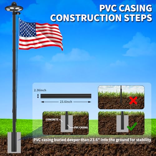 MXQMKL 25FT Heavy Duty Flagpoles Kit with 136 LED Solar Light,12 Gauge Extra Thick Flag Pole for Outside House in Ground for Outdoor with 3x5 American Flag for Outside Ip67 Waterproof,Black