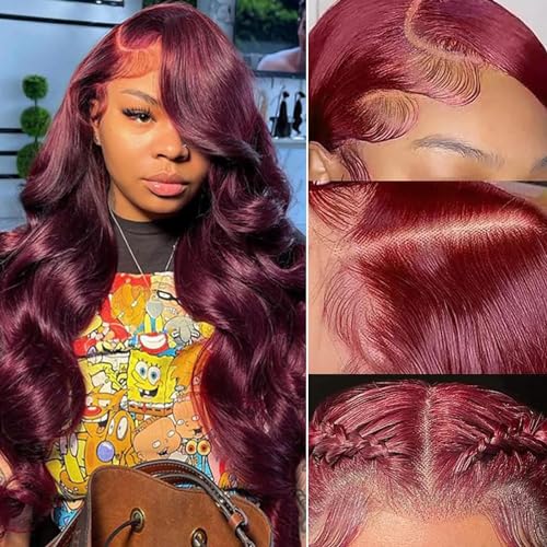 HENGROSE 13x4 99J Burgundy Body Wave Lace Front Wigs Human