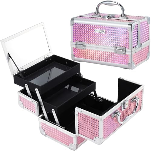 FRENESSA Makeup Train Case Makeup Box Organizer Portable Cosmetic Travel Case Makeup Case with Mirror Locking Make Up Cases Organizers and Storage for Nail Supplies Hard Cosmetic Box Shiny Pink