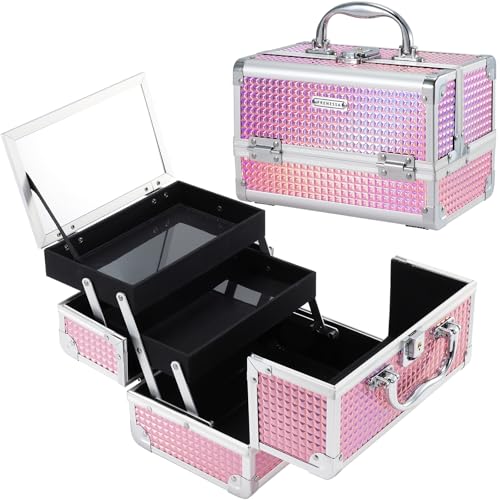 FRENESSA Makeup Train Case Makeup Box Organizer Portable Cosmetic Travel Case Makeup Case with Mirror Locking Make Up Cases Organizers and Storage for Nail Supplies Hard Cosmetic Box Shiny Pink