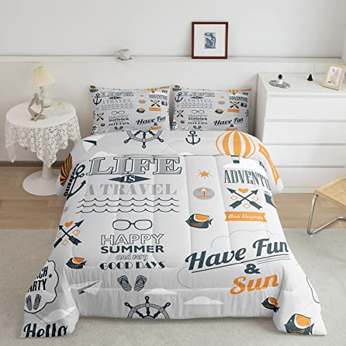 Nautical Anchor Comforter Set Full, Coastal Ocean Themed Quilted Comforter For Kids Boys Girls Teens Adult Bedroom, Compass Summer Holiday Bedding Set Cartoon Hot Air Balloon Down Comforter, Grey