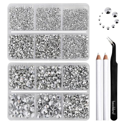 Image of Beadsland 8300PCS Flatback Rhinestones, Silver Rhinestone Nail Gems Round Crystal Rhinestones for Crafts, Mixed 10 Sizes with Wax Pencil and Tweezer Kit, SS3-SS30, Silver Hematite | Crystal Rhinestone Round, for Crafts Nails,With Wax Pencil and Tweezers Kit, SS3-SS30