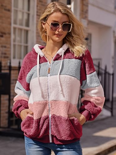 Livonmone Fleecejacke Hoodie Damen Kapuzenpullover Teddy-Fleece Warm Herbst Wintermantel Stilvoller ReißVerschluss Fellmantel PlüSchjacke Mit Taschen (Rot, L)
