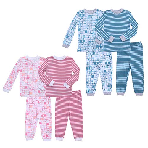 Twin Outfits for Boy and Girl 4 Pc Cotton Pajamas Pjs Gifts Set Rose & Blue 12-18 Months