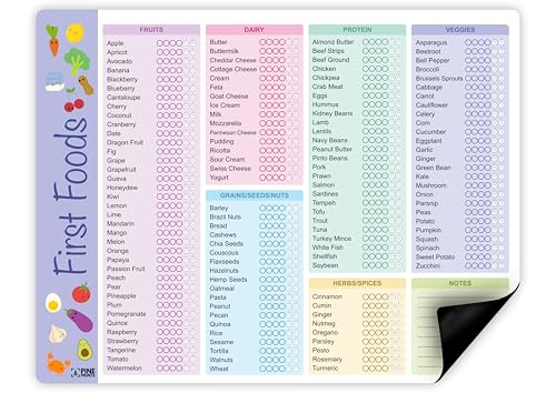 Baby First Foods Tracker, High Quality Fridge Magnet Dry Erase Chart 20x26 cm, 130+ Before One Checklist, Daily Food Log for New Parents,Nanny, Babysitter