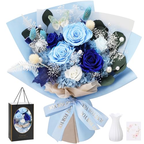 Casaido Preserved Flowers for Delivery, Mothers Day 6 Blue Roses Bouquet, Birthday Rose Gifts for Women Mom Wife Girlfriend, Real Flowers for Christmas Valentines Day Anniversary