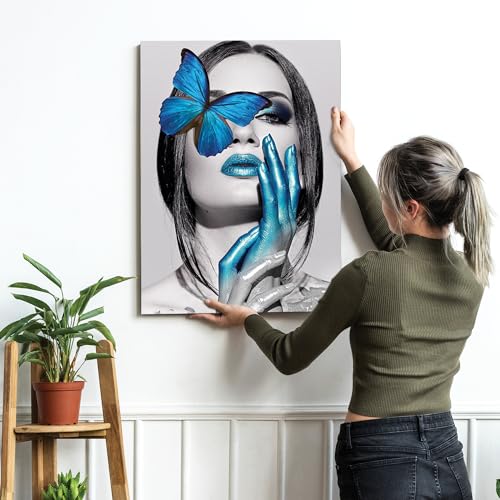 Image of PAINTINGMANTRA Stretched Modern Canvas Wall Art Painting, Women with Blue Butterfly Artwork for Living Room, Home, Bedroom, Office Decoration (Set of 1, 16x22 Inch)