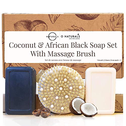 O Naturals Dry Body Brush with African Black Soap & Coconut Shea Bar Soap Gift Set. At Home Spa Gift Set, Dry Brush Deep Massage Bar Soaps with Essential Oils Best Gift for Her 5 oz Each Bar
