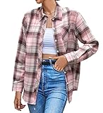 SANGTREE Womens Plaid Flannel Shirt Long Sleeve Button Down Shirts Pink Plaid, Small