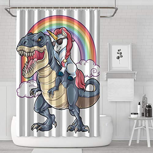 IORTY RTTY Cool Unicorn Riding Dinosaur T-Rex Heavy Cool Bathroom Curtain Set with 12 Hooks Waterproof Decorative Bathroom Polyester Shower Curtain 71x71 Inch