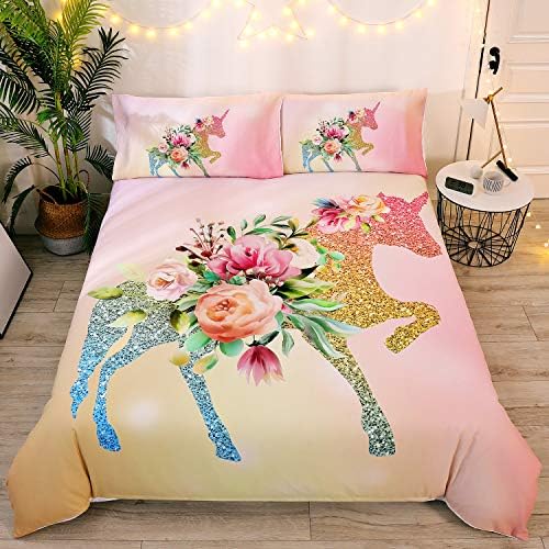 DEERHOME Floral Unicorn Bedding Girls Unicorn Pink Roses Duvet Cover 3 Pieces Green Fantasy Glittery Horse Bed Set,Full Size
