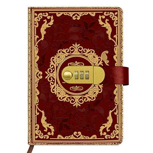 Qefuna Tagebuch mit Schloss, A5 PU Leder mit geprägter Folie gestempelt Retro Floral Diary mit Kombination 200 Seiten, 100Gsm Papier, Vintage Reading Journal Tagebuch Für Erwachsene(Rot)