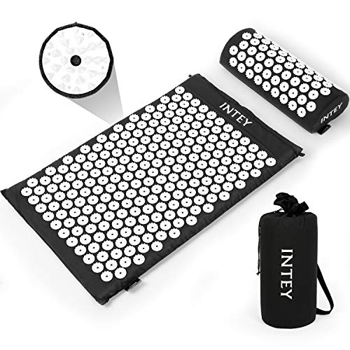 INTEY Wellness Therapy Acupressure Mat Set, Relief Muscle Pain and Stress, Acupuncture Mat and Pillow Cushion for Back, Neck & Feet Massage with Carry Bag (Black)