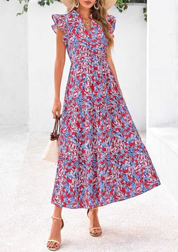 Image of PRETTYGARDEN Women's 2026 Summer Floral Midi Dress Cap Sleeve V Neck Ruffle Long Flowy Boho Casual Beach Vacation Dresses