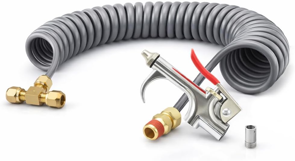 Air Blow Gun Kit with 11.5ft PA Coil Hose, 1/4 DOT Brass Fitting, Heavy Duty Pneumatic Air Duster for Truck, Workshop & Garage
