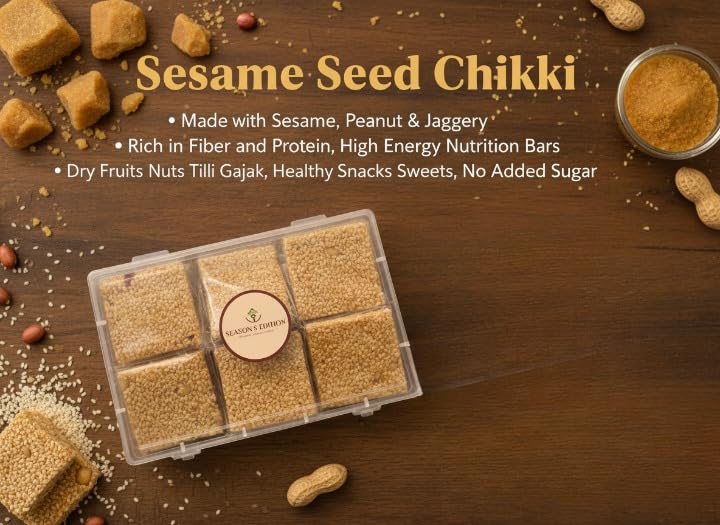 Image of Season's Edition 200 gm Sesame Seed Chikki | Made with Sesame, Peanut & Jaggery | Rich in Fiber and Protein, High Energy Nutrition Bars | Dry Fruits Nuts Tilli Gajak, Healthy Snacks Sweets, No Added Sugar