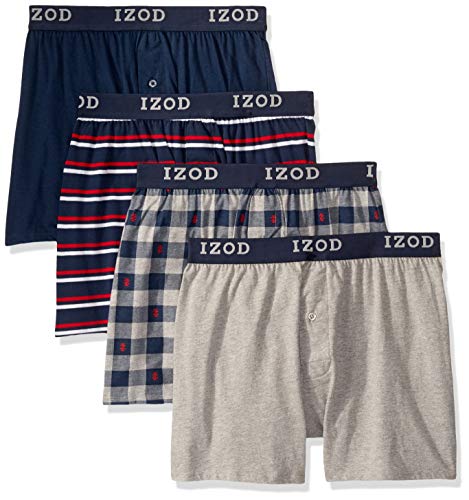 IZOD Men's 4 Pack Knit Boxer, Dress Blues/Dress Blues Stripe/Heather Grey/Heather Grey Print, XL