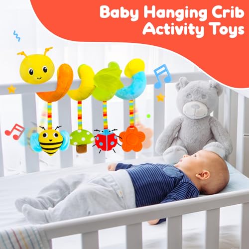 Image of TSYAN Caterpillar Spiral Stroller Toy with Teether | Soft travel activity plush features a bee, ladybug, and flower teether. Perfect for on-the-go sensory play and soothing.